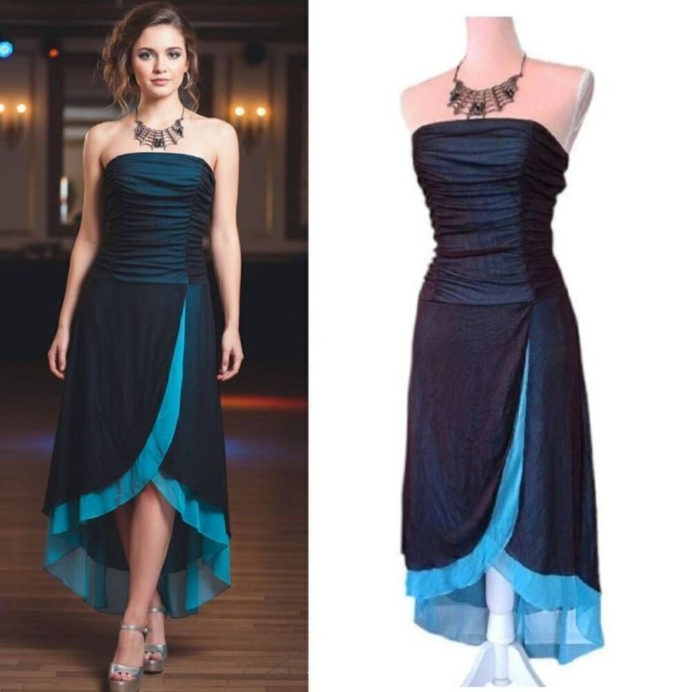 VTG 90s Black Teal Ruched Strapless High Low Fairy Prom Dress *Fits like Med